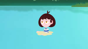 卡通女孩坐在湖中，背景有森林 — 湖景 壁紙