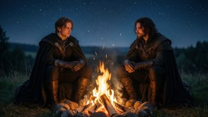 兩個裝甲男子在繁星夜空下坐在營火旁。 — 龍騰世紀：審判 壁紙