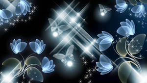 黑暗背景上帶有星爆的藍色發光花朵和蝴蝶。