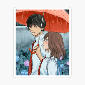 動漫青少年在雨中共享一把紅色雨傘，身後有繡球花。