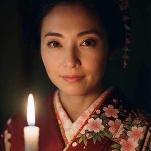穿著櫻花和服的女性在昏暗燈光下手持蠟燭