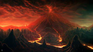 一座熾熱的火山爆發，熔岩在紅色天空下沿著鋸齒狀的山脈流下。