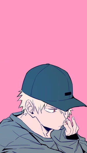 戴藍色帽子的動漫男孩在粉紅色背景上思考
