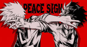 兩個動漫角色在紅色背景上做出和平手勢，有紅色眼睛和尖刺頭髮。