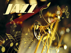 金色音符和 'JAZZ' 文字漂浮在結他的調音栓周圍。 — 音樂美學 壁紙
