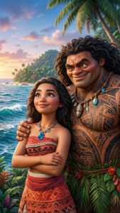 Moana 和 Maui 在日落時分一起站在熱帶海灘上。 — 魔海奇緣 壁紙