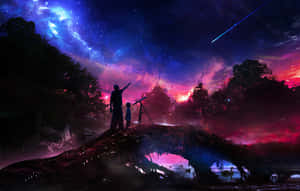 橋上的成人和小孩用望遠鏡指向色彩繽紛的宇宙天空。 — 星星 壁紙