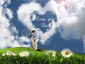 父親和兒子在草地上，心形雲下，有「Love you Dad」文字。