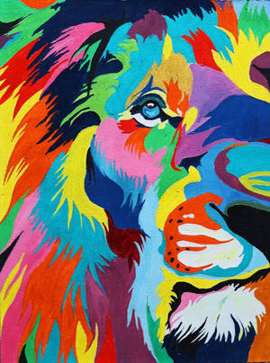 一幅色彩繽紛的抽象獅子臉畫作，帶有明亮的彩虹色調。