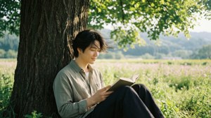 年輕男子在花田樹下看書