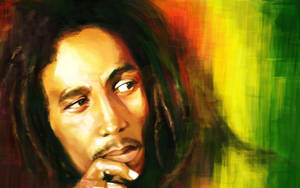 Bob Marley 肖像，背景色彩繽紛，表情若有所思。