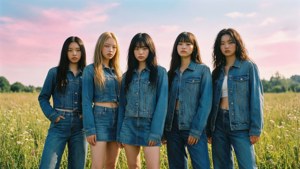 五位身穿牛仔服的年輕女性站在日落時分的草地上。