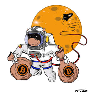 牛太空人在月球上拿著比特幣袋，火箭飛過。