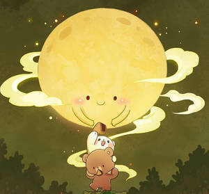 兩隻可愛的動物在繁星點點的夜空中仰望友善發光的月亮。
