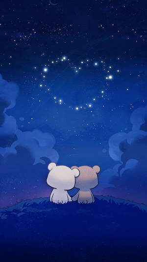兩隻熊坐在山丘上，仰望夜空中心形的星星星座。
