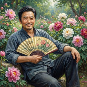 一位身穿藍色長袍的男子坐在花園中，被粉紅色和白色的牡丹環繞，手持一把裝飾扇子。