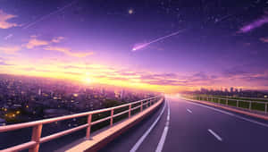 日落時分的高速公路，下方有城市，紫色天空中有流星。