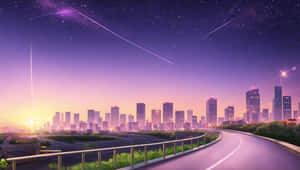 蜿蜒的道路通向在流星劃過的星空紫色天空下閃閃發光的城市。