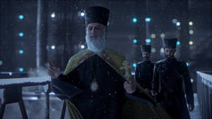 東正教神父在雪夜場景中手持十字架，背後有追隨者