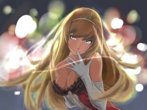金髮動漫女孩在發光燈光中戴著頭飾。