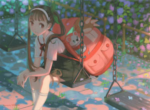 穿著校服的動漫女孩坐在有花卉背景的鞦韆上。
