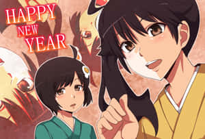 兩個穿著傳統日本服飾的動漫角色在喜慶的紅色和金色背景前慶祝新年。