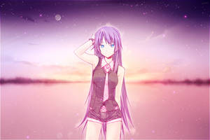 紫髮藍眼的動漫女孩穿著校服，在星空暮色下。
