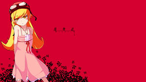 金髮動漫女孩，身穿粉紅色連衣裙和紅色帽子，站在帶有日文字符的紅色背景前。