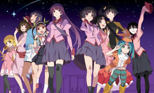 穿著校服的動畫女孩在繁星點點的夜空下擺姿勢。