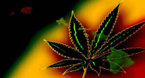 霓虹大麻葉在熾熱漸變背景上發光，伴隨著漂浮的形狀。