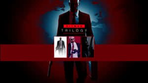 Hitman Trilogy 遊戲封面，以世界地圖為背景，展示一個戴面具的紅色西裝刺客。 — 殺手 壁紙