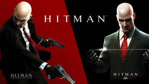 Hitman角色在紅黑分割的背景上手持兩把手槍。