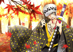 動漫海賊持劍站在秋日森林的紅楓樹下。 — 動漫 壁紙