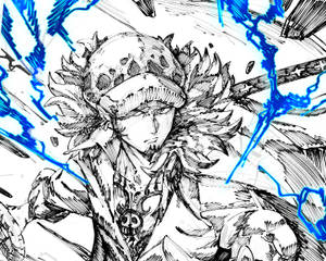 動漫戰士在動態的黑白素描中釋放藍色閃電。 — 海賊王 壁紙