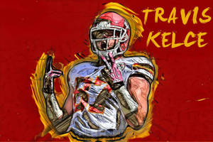 Travis Kelce 身穿美式足球裝備，在紅色背景上做出和平手勢，帶有火黃色光暈。