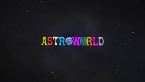 色彩繽紛的「ASTROWORLD」標誌，O字內有地球，以星空夜空為背景。