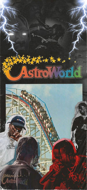 Travis Scott 在 AstroWorld 音樂節，背景有過山車和閃電效果。