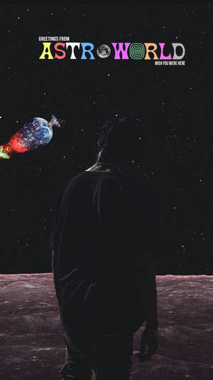 月球上一個人的剪影，看著星空中的彩色行星和Astro World文字。