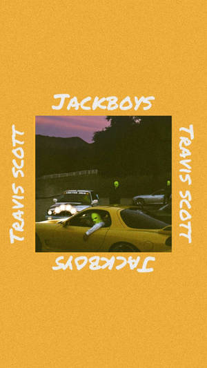 黃昏時分戴綠色面具的人物在黃色跑車旁，附有文字 Travis Scott 和 Jackboys