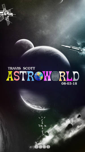 太空場景，行星、火箭和衛星圍繞色彩繽紛的ASTROWORLD文字。