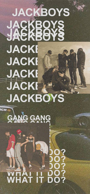 Jackboys 樂隊成員以街頭風格姿勢，搭配重複文字和汽車圖形。