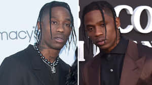 Travis Scott 的兩張正式肖像，穿著黑色西裝和珍珠項鍊。