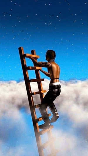 一個男人爬著梯子穿過雲層，朝向星星。
