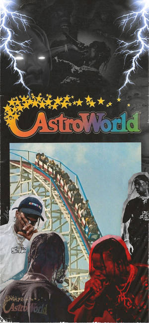 Travis Scott 在 AstroWorld 音樂節，帶有過山車和閃電效果。