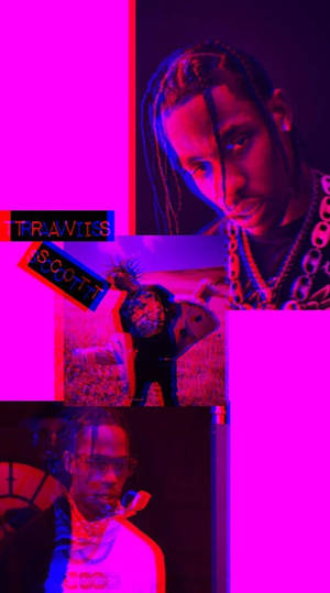 Travis Scott 拼貼畫，帶有霓虹粉紅和藍色燈光及塗鴉文字。