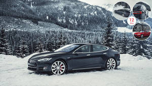 黑色Tesla Model S停在雪林裡，背後有山脈。 — Tesla GIF 壁紙