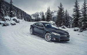 黑色Tesla Model S在積雪山路上行駛，旁邊有常青樹。 — Tesla GIF 壁紙