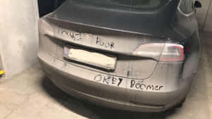 骯髒的灰色Tesla，車庫中有塗鴉寫著Trash Poor和Okey Boomer。 — 汽車 壁紙