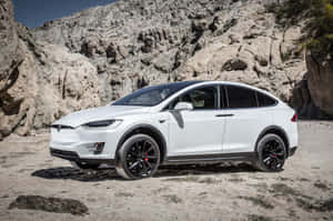 白色Tesla Model X停泊在岩石沙漠景觀中。