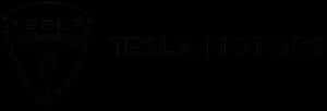 Tesla Motors標誌，帶有盾牌徽章和黑色文字。